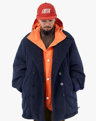 Men's Gloverall x Norbit Reversible Dufflewool Peacoat in Dark Navy, onion quilted side, worn front, by Gloverall