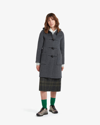 長いスリムフィットダッフルコートグレーブラックウォッチ