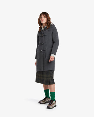 長いスリムフィットダッフルコートグレーブラックウォッチ