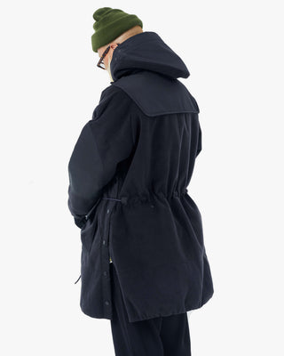 Men's Gloverall x Norbit Morris Coat in Dark Navy, worn back view with drawcord waist, by Gloverall