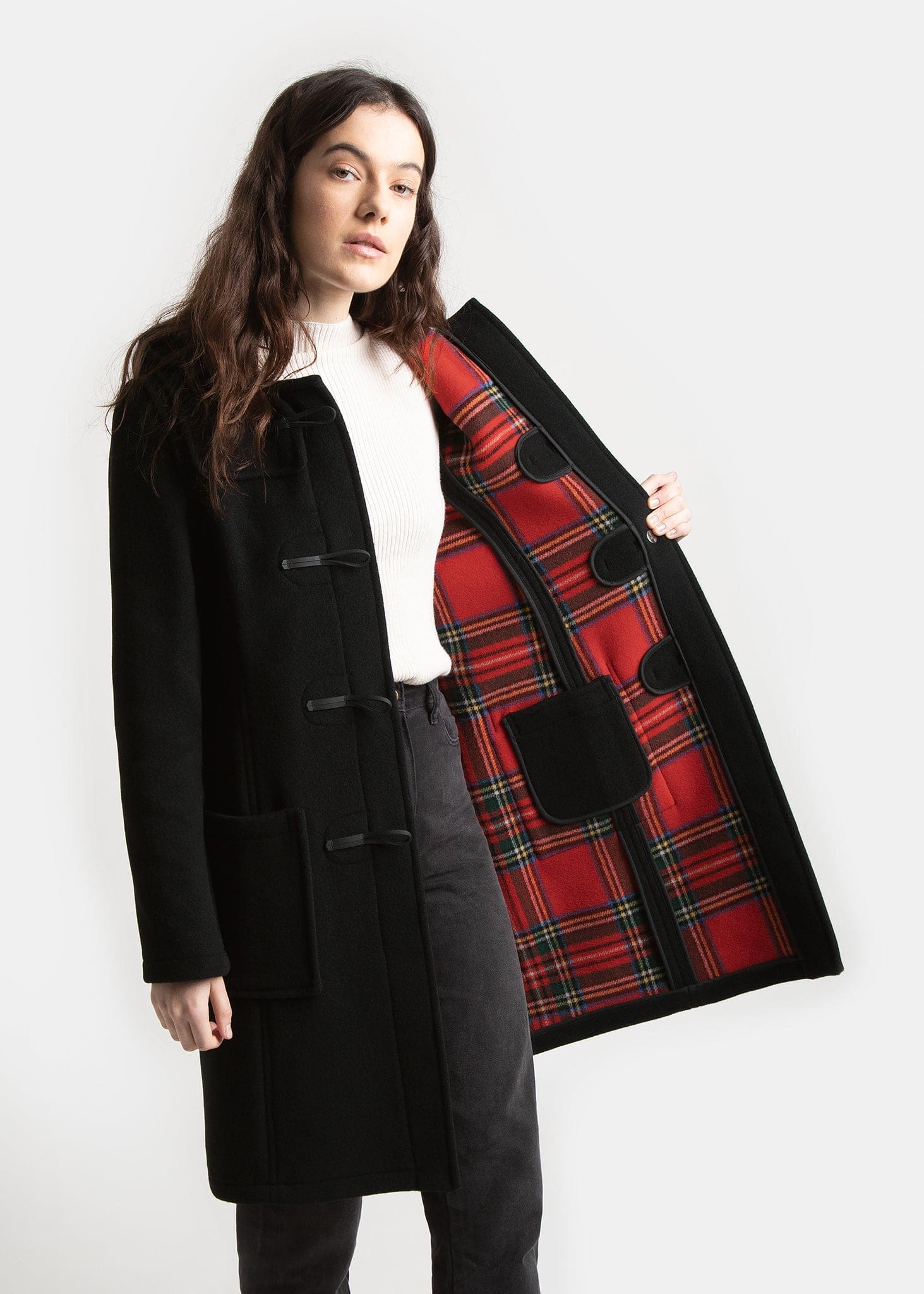 Women's Long Slim Fit Freda Duffle Coat Black Royal Stewart