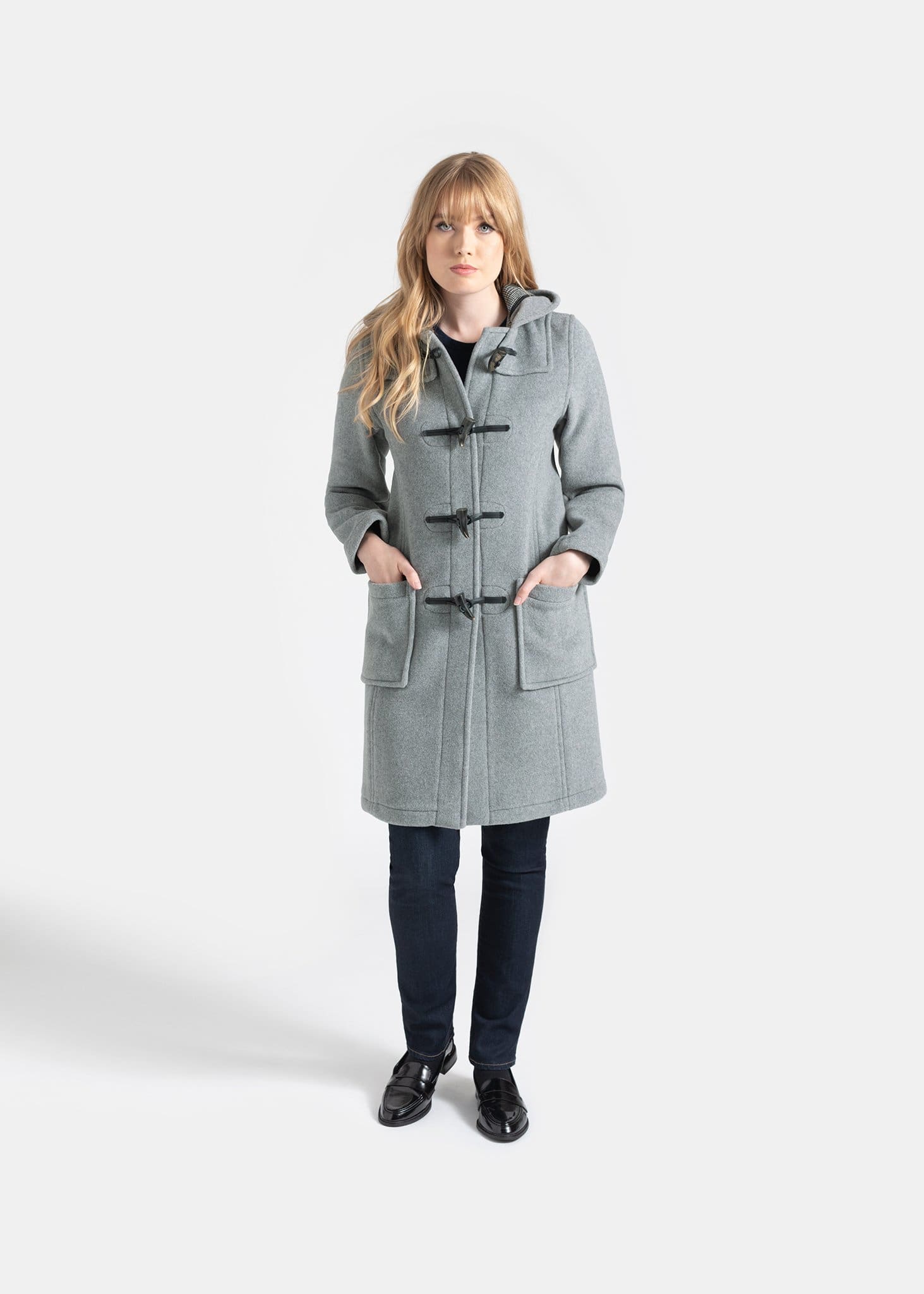 Women's Long Slim Fit Freda Duffle Coat Silver Prince of Wales